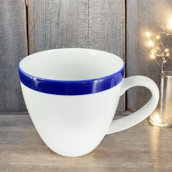 Crate & Barrel Belmont White Cobalt Blue Band Sri Lanka Porcelain Mugs Cups Set2 - Picture 2 of 14